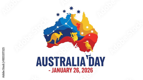 Vibrant Australia Day celebration graphic with colorful map and iconic animals
