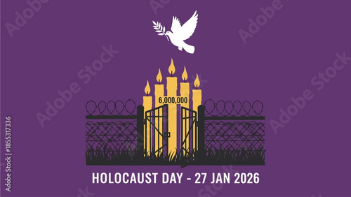 Holocaust Day memorial with dove and candles behind gates