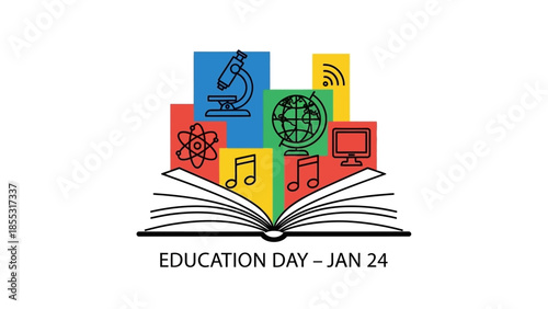 Vibrant Education Day illustration with open book and learning icons