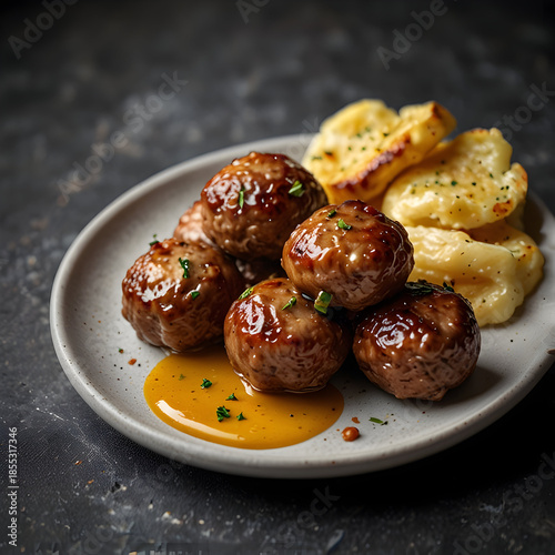 Denmark frikadeller with beef and creamy sauce on a plate