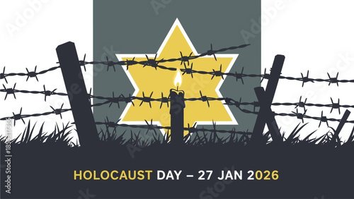 Holocaust Day memorial with candle and barbed wire fence