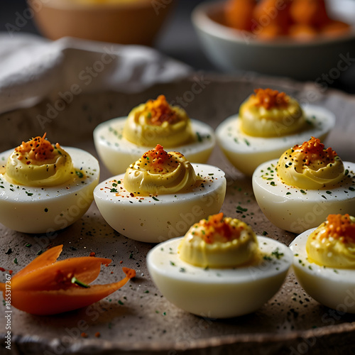 Delicious homemade deviled eggs garnished with vibrant toppings