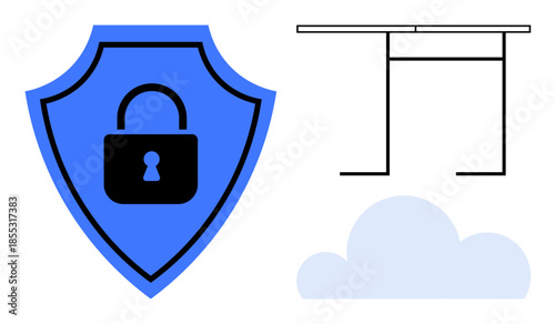 Cybersecurity, data protection, cloud storage, digital safety, remote work, technology concepts. A shield with a lock, a tabletop outline and a cloud icon. Focus on cybersecurity and cloud storage