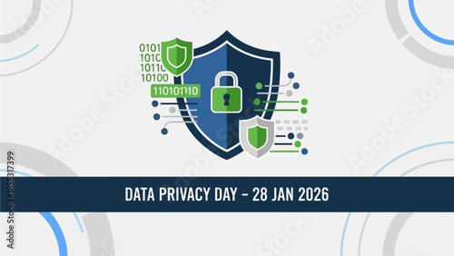 Data privacy protection concept with shield and lock icons on digital background