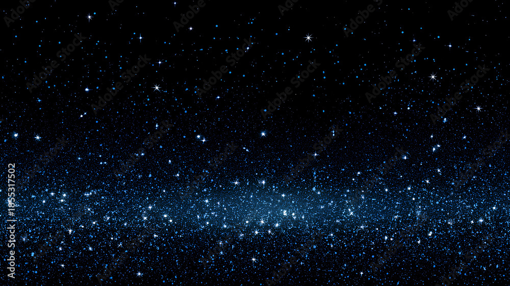 Fototapeta premium Starry night sky overlay with shimmering blue stars on a black background contrasting with a bright white space ideal for creative design projects and visual storytelling