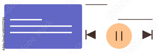 Rectangular media player interface with text, a circular pause button, and forwardbackward icons. Ideal for entertainment, technology, UI design, digital media, web applications, streaming