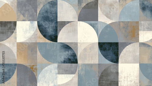 Abstract geometric pattern of semi-circles and squares, textured, muted colors, grunge aesthetic