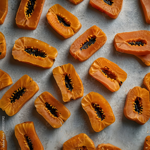 Dried papaya slices arranged beautifully on a neutral background