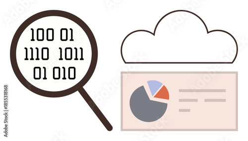 Magnifying glass examining binary code, cloud icon, and pie chart on a data dashboard. Ideal for data analytics, cloud computing, cybersecurity, technology, research, digital transformation