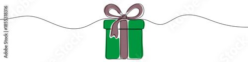 Gift or present box in one line art style. Drawing of a green box with a purple bow, with black editable stroke