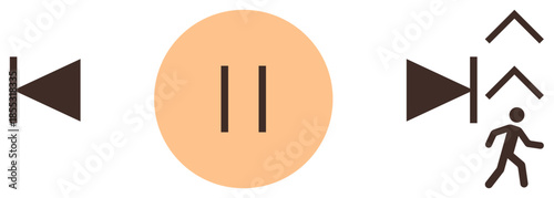 Media control icons including backward, playpause, forward buttons, and walking figure with arrows. Ideal for user interface, audio playback, navigation, progress, motion decision-making simple