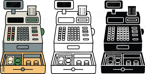 Cash register silhouette & Outline and illustration set isolated on transparent background