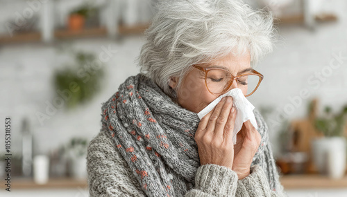 An elderly, sick, gray-haired woman, wrapped in a wool scarf, blows her nose into a white paper handkerchief, demonstrating symptoms of a cold or flu. Concept of health, treatment, and medicine.
