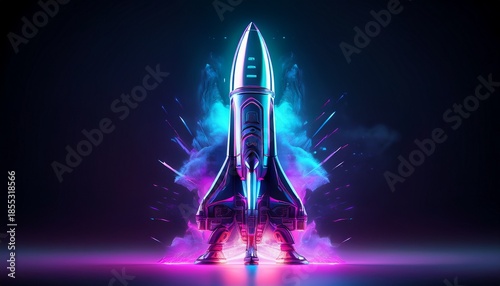 a sleek futuristic rocket stands vertically on a dark surface illuminated by neon purple and blue lighting ready for launch with smoke and fire at its base