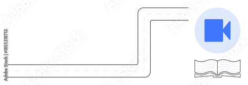 Education, digital learning, online teaching, video tutorials, e-learning tools, knowledge sharing. Stylized path with video icon and open book. Education and digital learning concept