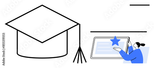 Education, online courses, achievement, remote learning, skill development, academic progress. A graduation cap and a figure using a tablet with a star symbol. Education and online courses concept