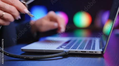 A close-up of locking a laptop with a physical lock
