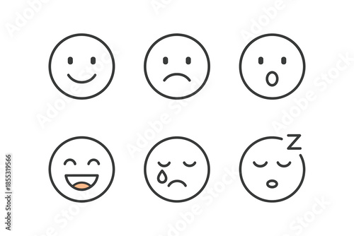 Minimalist outline emoticons displaying various facial expressions for messaging