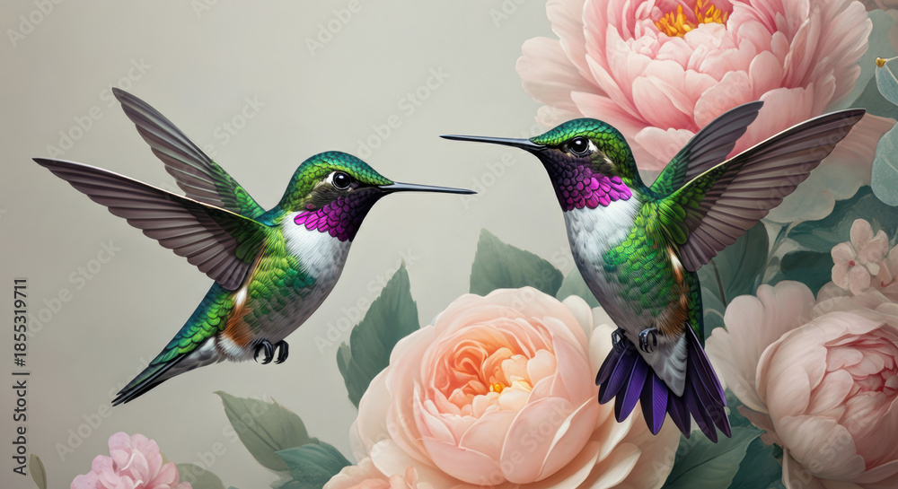 Obraz premium Hummingbirds hover above pastel peonies in a delicate botanical composition