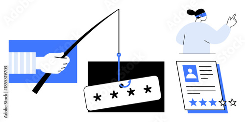 Hand with fishing rod stealing password, concerned user pointing, profile with rating stars. Ideal for cybersecurity, data protection, scams, awareness, user trust danger privacy. Simple flat