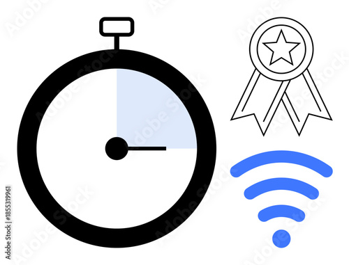 Time management, achievement recognition, internet connectivity, digital efficiency, online services, modern technology. Stopwatch, ribbon medal and wireless signal icon. Time management