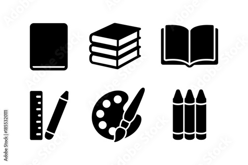 Minimalist education icons: books, art supplies, and tools collection