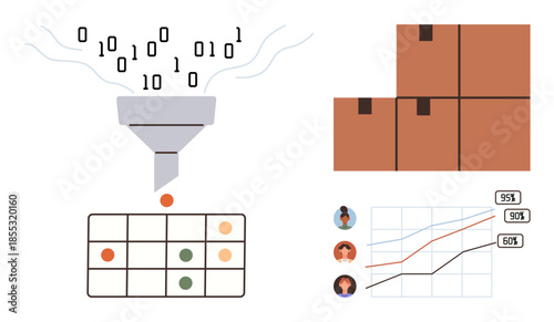 Funnel transforming binary code to data table, cardboard boxes representing results, analytics graph with lines. Ideal for data analysis, machine learning, logistics, supply chain, metrics