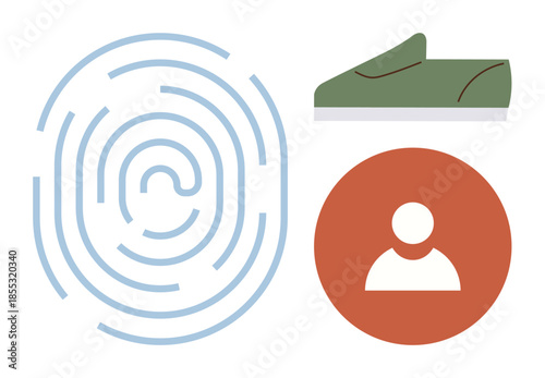Blue fingerprint, green shoe, and red circular user icon symbolize identity, security, activity, and personalization. Ideal for biometrics, authentication, tracking privacy technology branding