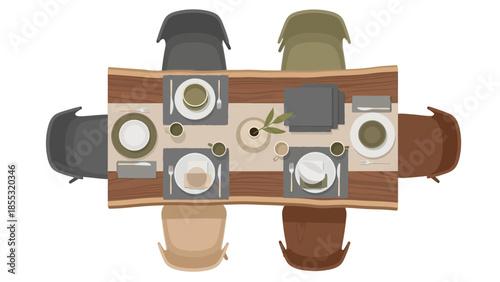 Modern dining table with stylish place settings in flat design
