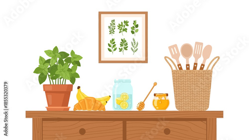 Cozy kitchen counter with herbs and breakfast items in flat design