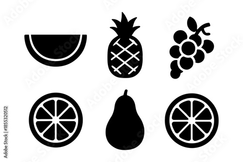 Silhouette fruit icons: watermelon, pineapple, grapes, citrus, pear
