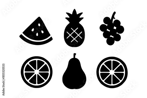 Fruit silhouette icons: watermelon, pineapple, grapes, orange, pear