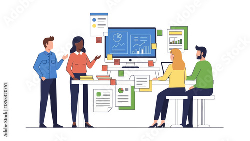 Collaborative team meeting in modern office setting with charts and graphs on screen