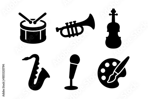 Silhouette icons of musical instruments and art tools