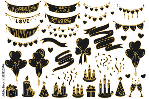 Set of vector elements and icons for Christmas holiday design featuring a winter celebration collection with gift, tree, and cake symbols for an artful xmas party decoration