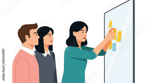 Team collaborating at a whiteboard with colorful sticky notes in modern style