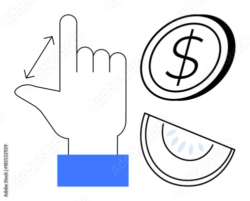 Financial planning, user interaction, gestural control, savings, food industry, minimalist icons. Hand pointing with arrow, dollar coin and watermelon slice. Financial planning and user interaction