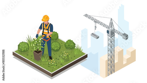 Urban greening and construction scene with gardener in uniform and tower crane