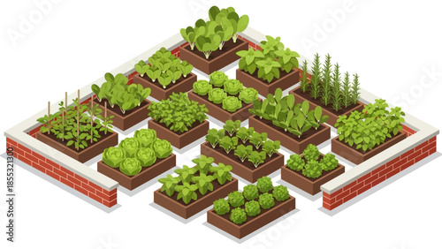 Isometric urban garden with raised beds and diverse vegetables