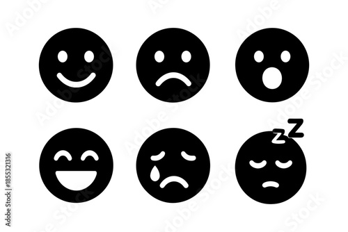 Black silhouette emoji set with various facial expressions and sleeping icon