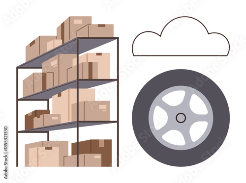 Stack of boxes on metal shelving, cloud shape, and car tire emphasizing storage, logistics, delivery, transportation, inventory, automation and workflow. Ideal for simple flat metaphor