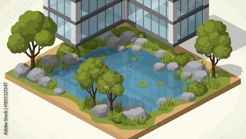 Isometric urban oasis with modern building and tranquil pond scene