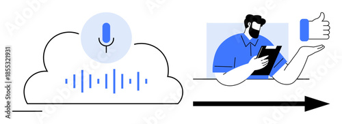 Speech-to-text tools, cloud storage, user experience, technology feedback, modern communication, remote work. Audio input and feedback scene with digital elements. Speech-to-text and user experience