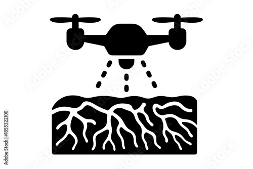 Drone Analyzing Neural Landscapes. Solid style icons of a drone analyzing nerve-like landscapes: neural terrain surveyor,