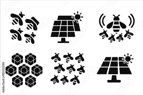 Kinetic Bee Swarm. Solid style icons of a parallax effect in a power-generating swarm: layered bee motion, multi-depth energy grid