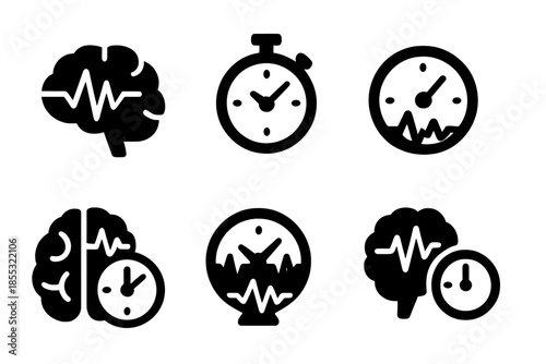 Brainwave Quake Timer Icons. Solid style icons of a brainwave-based quake timer: neural seismic clock, brain pulse chronometer,