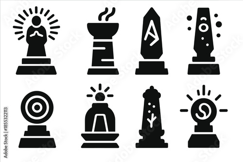 Prophetic Icon Structures. Solid style icons of prophetic absorption structures: radiant oracle monument, foresight-drinking tower