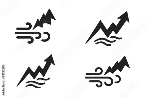 Geometric Wind Ascent. Solid style icons of an airy, jagged ascent: angular wind rise, serrated air path, sharp breeze climb,