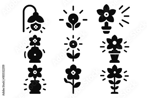 Floral Light Icons. Solid style icons of floral navigation lights: flower lantern trail, luminous petal glow, radiant botanical