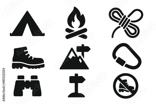 Mountain Adventure Icons. Solid style icons of mountain adventure: tent, campfire, climbing rope, hiking boots, peak sign,